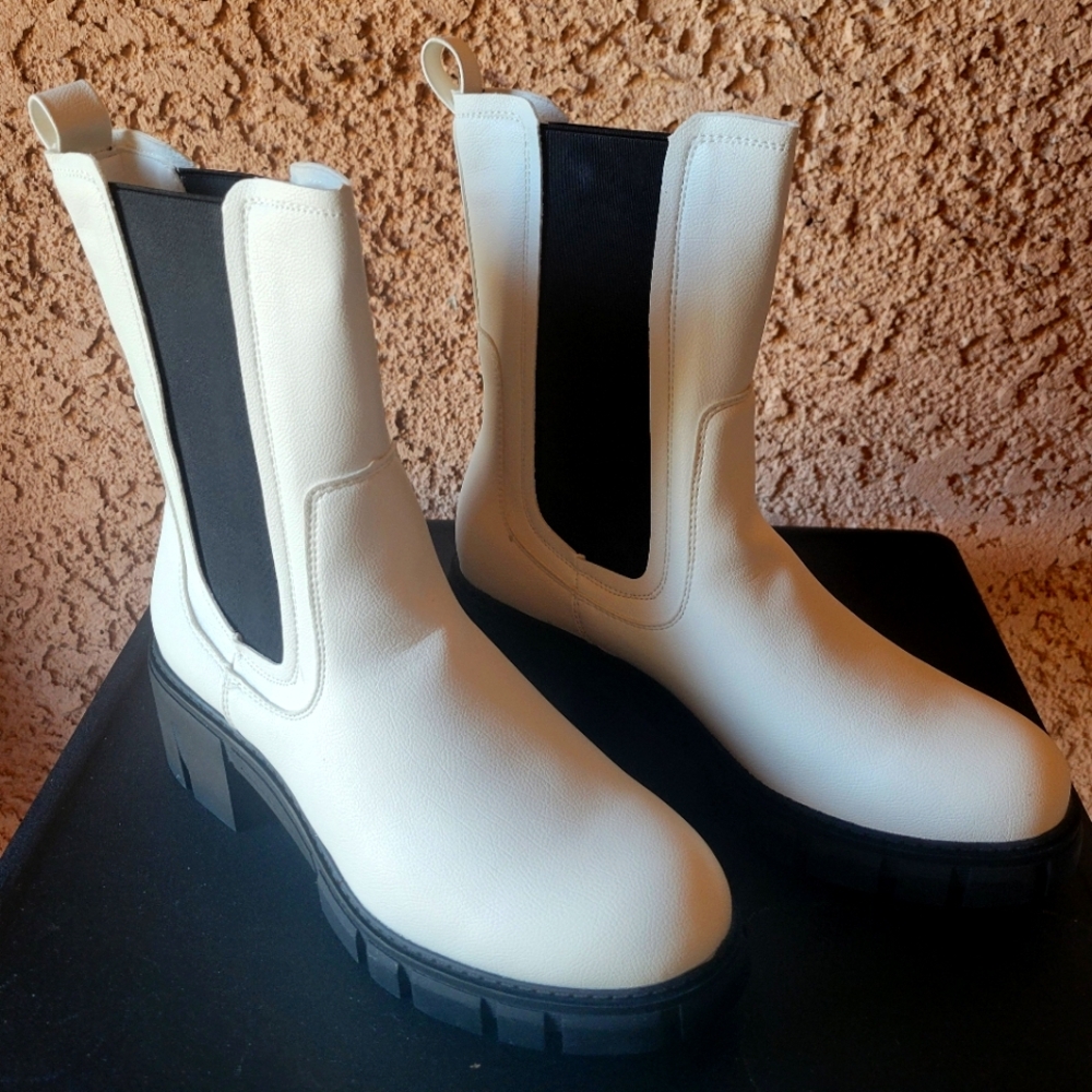 NWOB Lug Sole Platform Chunky Heel Boots, Faux Leather